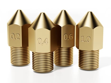 Brass 3D printer nozzles isolated on white background. 3D illustration.
