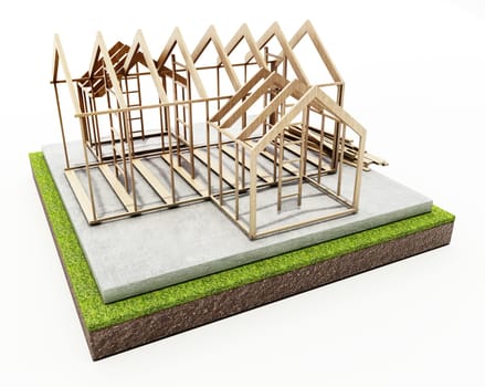 Wooden house structure on concrete base. 3D illustration.
