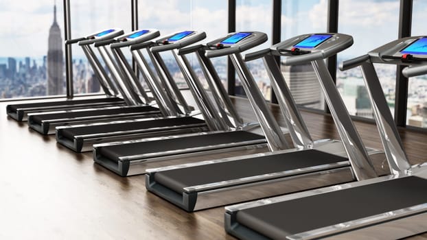 Treadmills inside a sports center in upper floors. 3D illustration.