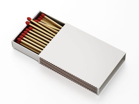 Matches inside open matchbox isolated on white background. 3D illustration.