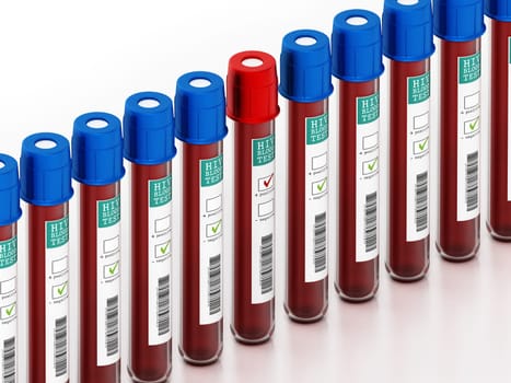 Blood samples in vials with HIV test labels isolated on white background. 3D illustration.