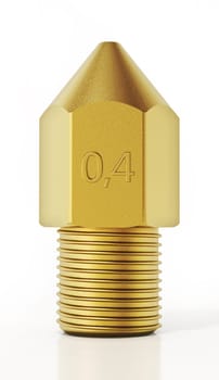 Brass 3D printer nozzle isolated on white background. 3D illustration.