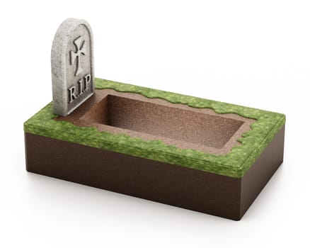Open grave with gravestone isolated on white background. 3D illustration.