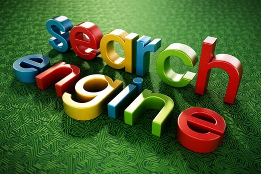 Search engine text standing on green PCB texture. 3D illustration.