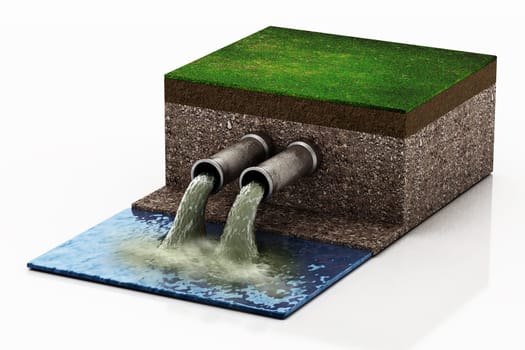 Dirty water pouring into the water from sewer pipes. 3D illustration.