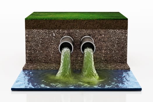 Dirty water pouring into the water from sewer pipes. 3D illustration.