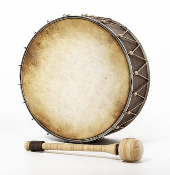 Generic traditional Ramadan drum and stick isolated on white background. 3D illustration.