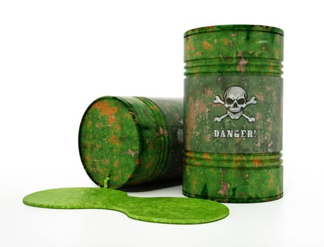 Toxic barrells with skull and bones and danger text. 3D illustration.