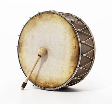 Generic traditional Ramadan drum and stick isolated on white background. 3D illustration.