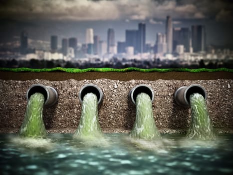Dirty water pouring into the water from sewer pipes. 3D illustration.