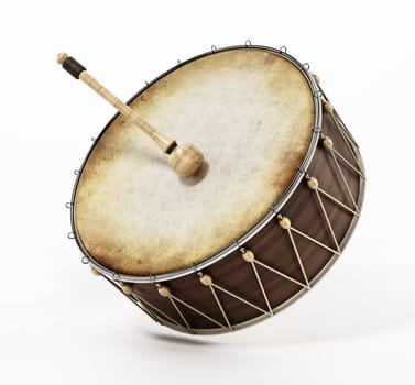 Generic traditional Ramadan drum and stick isolated on white background. 3D illustration.