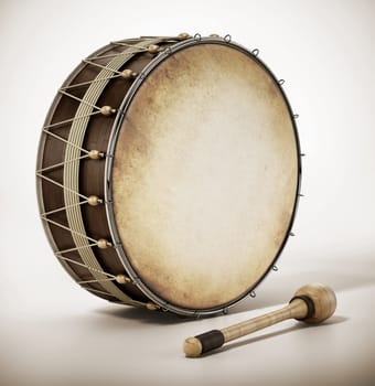 Generic traditional Ramadan drum and stick isolated on white background. 3D illustration.