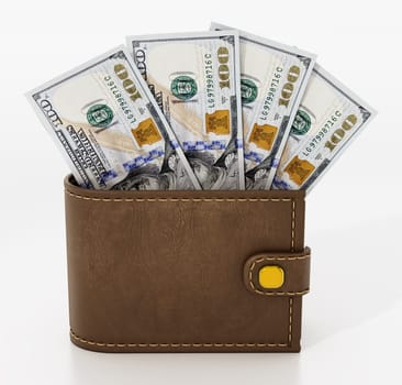 100 dollar banknotes inside leather wallet isolated on white background. 3D illustration.
