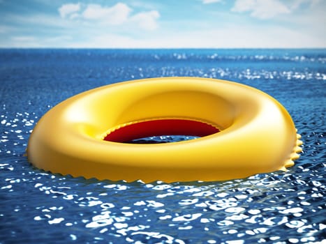 Life buoy on the sea surface. 3D illustration.