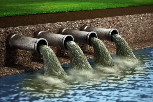 Dirty water pouring into the water from sewer pipes. 3D illustration.
