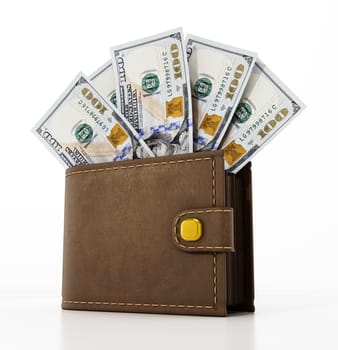 100 dollar banknotes inside leather wallet isolated on white background. 3D illustration.