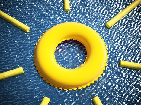 Life buoy and foam swimming noodles on the sea surface. 3D illustration.