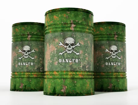 Toxic barrells with skull and bones and danger text. 3D illustration.
