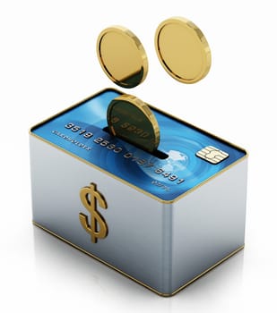 Moneybox with credit card and gold coins. 3D illustration.