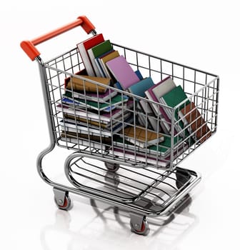 Shopping cart full of books isolated on white background. 3D illustration.