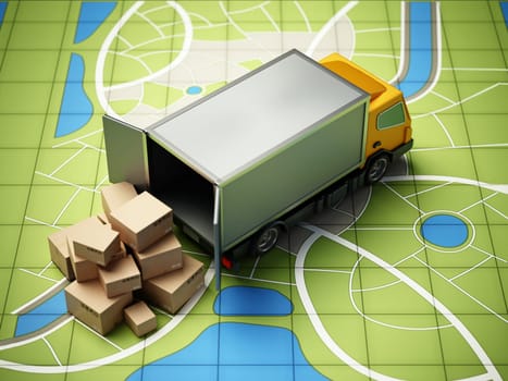 Transport van with cargo boxes standing on GPS map. 3D illustration.