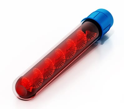 DNA helix inside blood vial isolated on white background. 3D illustration.
