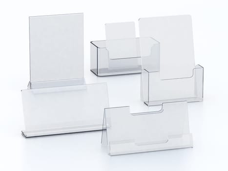 Plexiglass acryclic brochure hoders isolated on white background. 3D illustration.