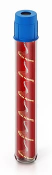 DNA helix inside blood vial isolated on white background. 3D illustration.