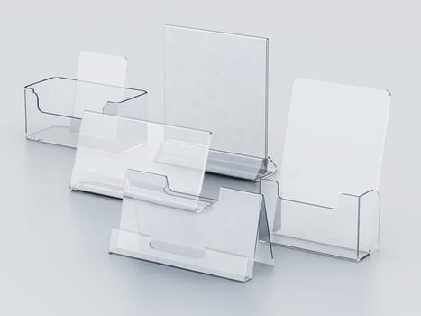 Plexiglass acryclic brochure hoders isolated on white background. 3D illustration.