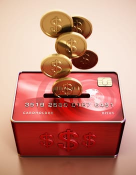 Moneybox with credit card and gold coins. 3D illustration.