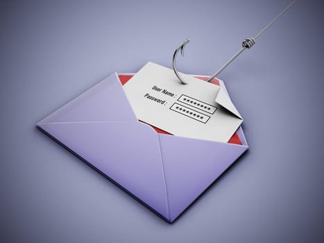 Fish hook stealing user name and password text areas on paper inside an enveloppe. 3D illustration.