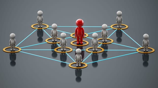 3D simplistic characters linked to each other with a red figure at the center. Business network concept. 3D illustration.