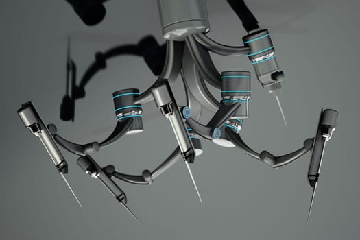 Robotic arms for robotic assisted surgery isolated on gray background. 3D illustration.