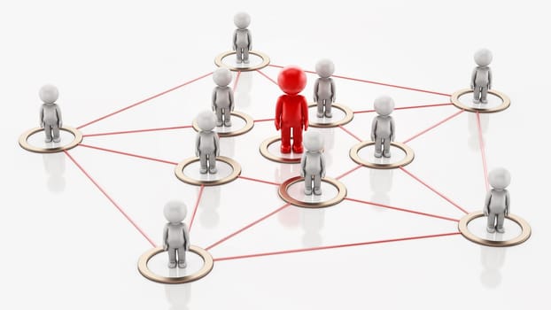 3D simplistic characters linked to each other with a red figure at the center. Business network concept. 3D illustration.