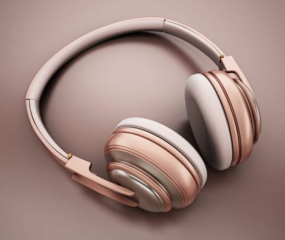 Rose gold headphones. 3D illustration.