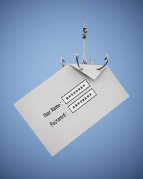 Fish hook stealing user name and password written paper. 3D illustration.
