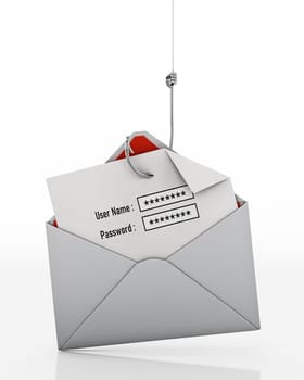 Fish hook stealing user name and password text areas on paper inside an enveloppe. 3D illustration.