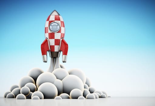 Vintage rocket ship launching to space. 3D illustration.