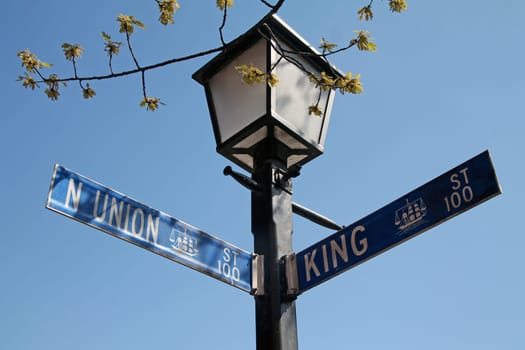 Blue N Union Street and King Street historic sign in downtown Alexandria in Virginia near Washington D.C.