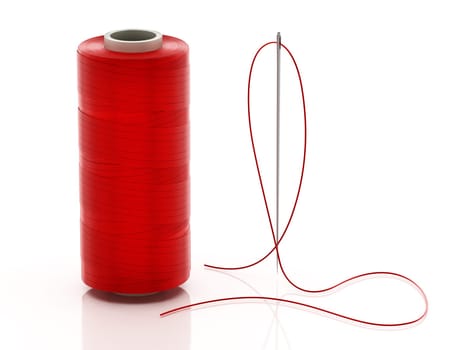 Nylon sewing thread and needle isolated on white background. 3D illustration.