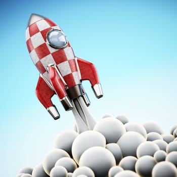 Vintage rocket ship launching to space. 3D illustration.