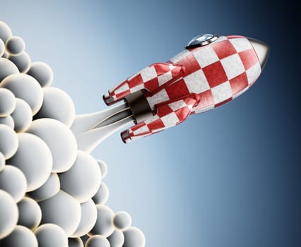 Vintage rocket ship launching to space. 3D illustration.