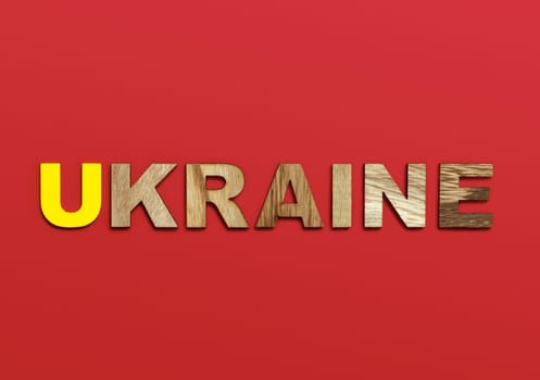 Ukraine, word written in colorful wooden alphabet letters on red background. The concept of a terrible war for independence. Top view. Copy space