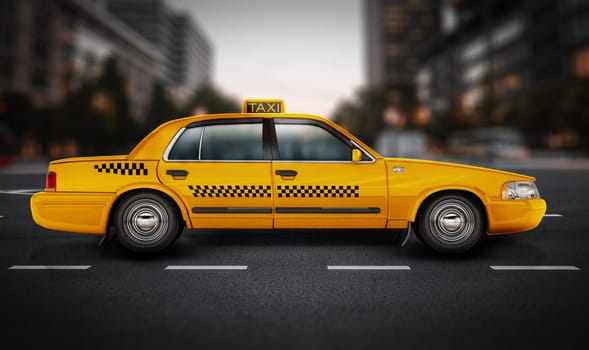 Yellow taxi cab on the road. 3D illustration.