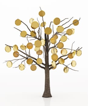 Tree with golden coins isolated on white background. 3D illustration.