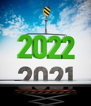 2022 number carried by crane replaces 2021. 3D illustration.