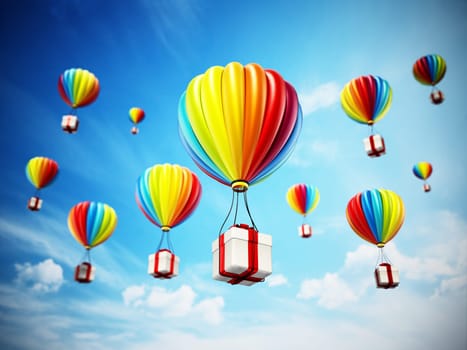 Colorful hot air balloon carying white giftbox wrapped with red ribbon. 3D illustration.