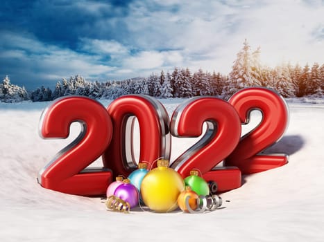 New year 2022 text on the snow with Christmas baubles. 3D illustration.