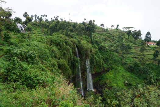 One of the Sipi Falls coming out of lush and dense vegetation, eastern Uganda
