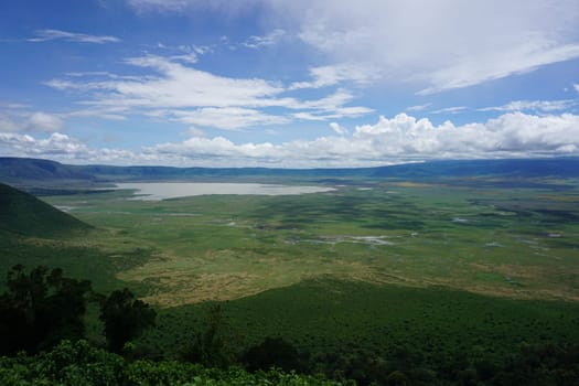 Spectacular view onto the lush vegetation around Lake Magadi in the Ngorongoro Crater, Tanzania 2021